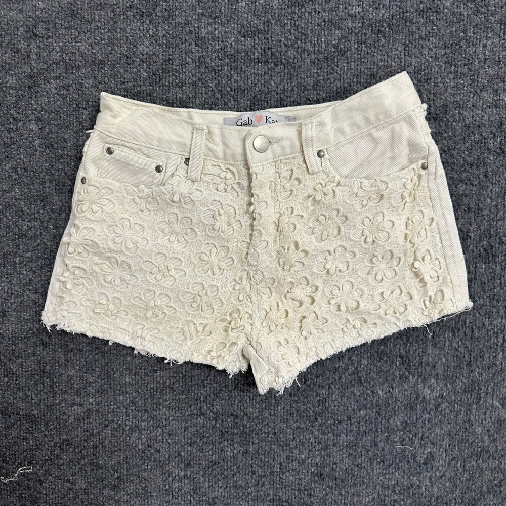 Gab Kate Shorts Womens Size XS Ivory White Floral Lace Overlay Denim Boho Raw
